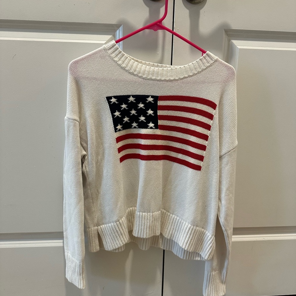Old Navy Cream Sweater with Navy and Red Flag Accent